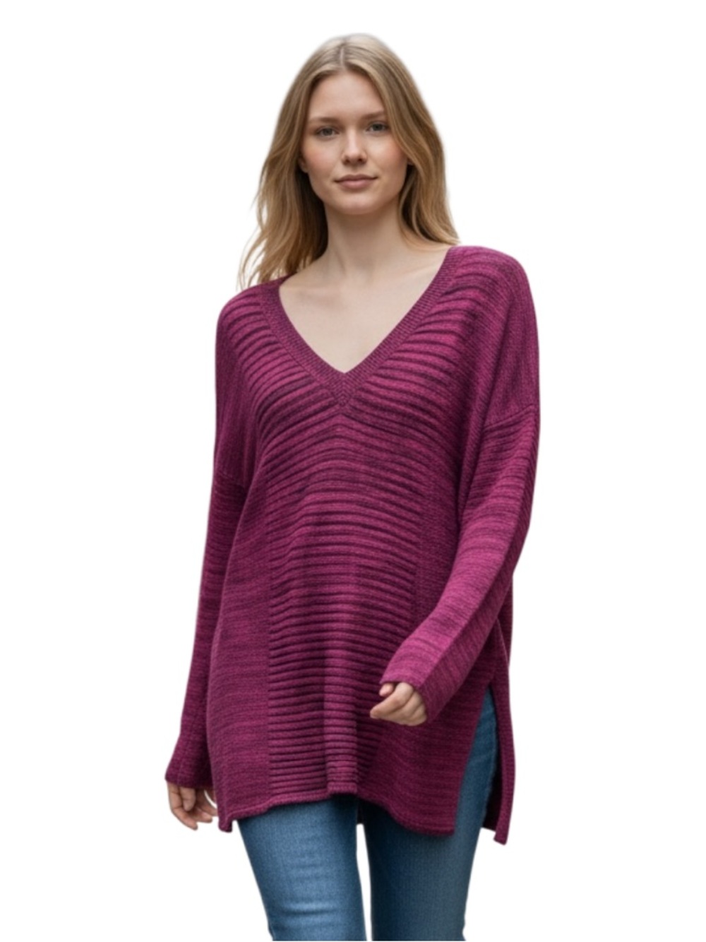Ellen Tracy V-Neck Sweater in Rich Berry